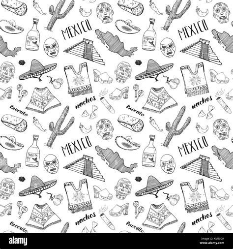 Mexico Seamless Pattern Doodle Elements Hand Drawn Sketch Mexican