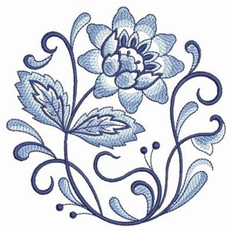 Blue Jacobean Floral Embroidery Design