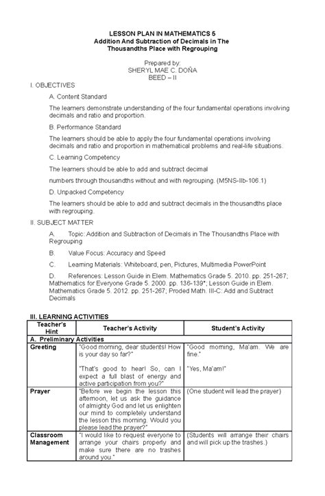 Detailed Lesson Plan For Mathematics