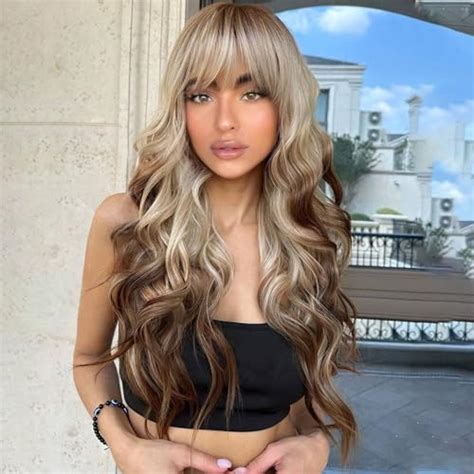 Amazon Lativ Ombre Blonde Brown Wig With Bangs Long Wavy Curly