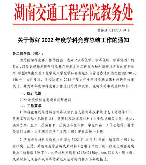 关于做好2022年度学科竞赛总结工作的通知最新通知湖南交通工程学院