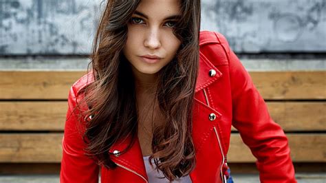 Hd Wallpaper Models Blue Eyes Brunette Girl Leather Jacket Woman Wallpaper Flare