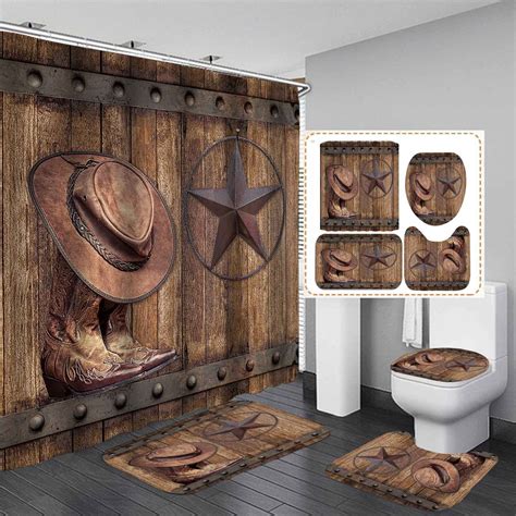 Camille Andrew Pcs Western Shower Curtain Set Brown Barn Door Texas