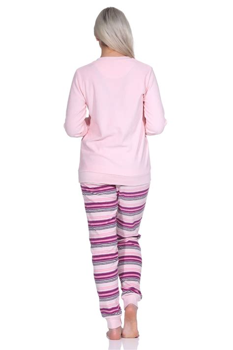 Damen Frottee Pyjama Hose Gestreift S Sses Tiermotiv Faultier Katze