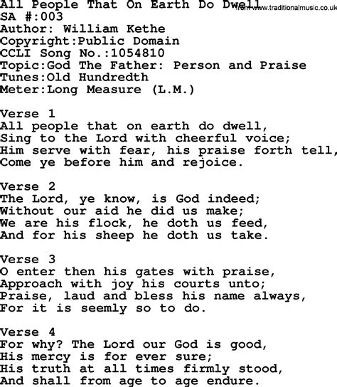 Salvation Army Hymnal Song All People That On Earth Do Dwell With