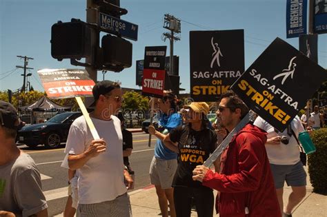 Striking Sag Aftra And Wga Members Picket Paramount Pictures Editorial