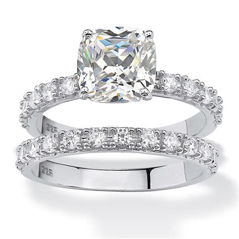 Cushion Cut Cubic Zirconia Bridal Engagement Ring Set 2 45 Tcw In