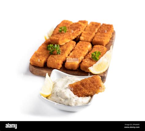 Fried Fish Fingers With Lemon And Sauce Tartare Isolated On White Stock