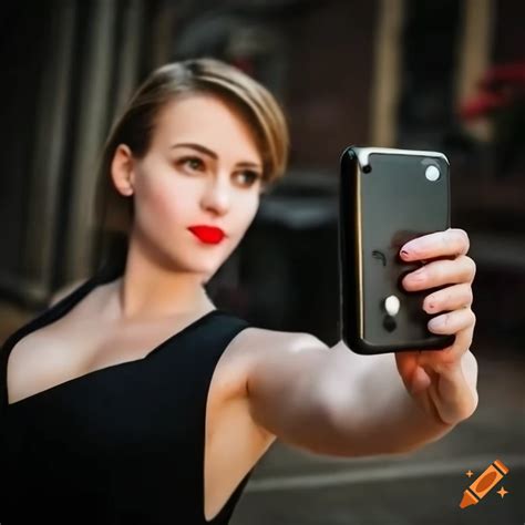 Blonde Woman In Her 30s Taking A Selfie With An Iphone In A Black