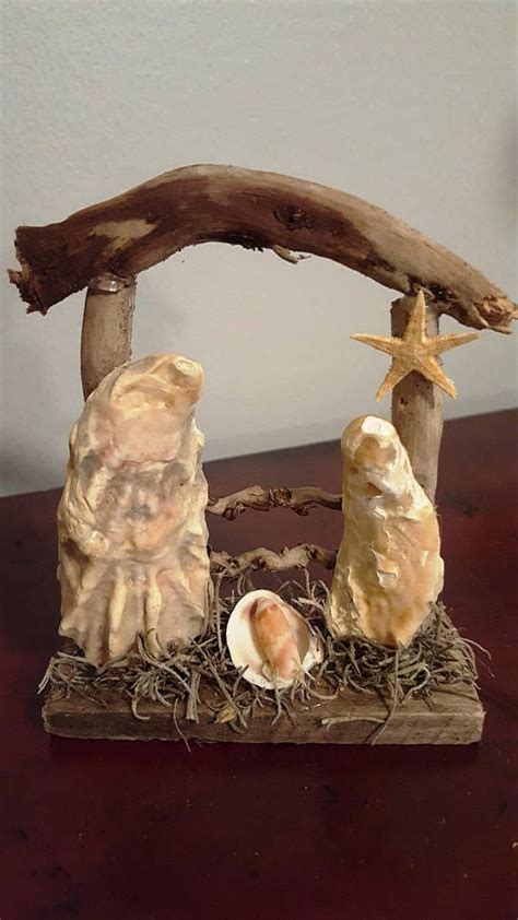 Handcrafted Nativity Driftwood Seashells Small Manger Mini Nativity