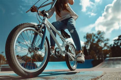 Premium Photo Young Woman Riding Bmx Bike In Outdoor Skate Park