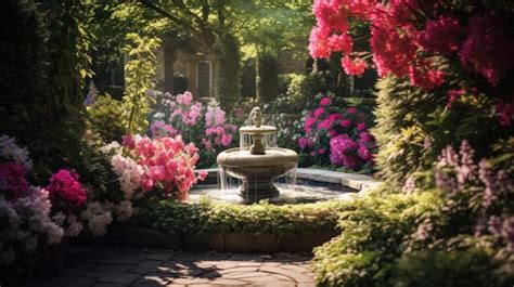 Premium Photo | A photo of a garden with a stone fountain blooming flowers backdrop