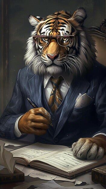 Painting Of A Tiger Dressed In A Suit And Tie Sitting At A Desk