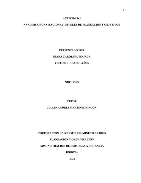 Actividad 2 Planea Actividad 2 Analisis Organizacional Niveles De Planeacion Y Objetivos
