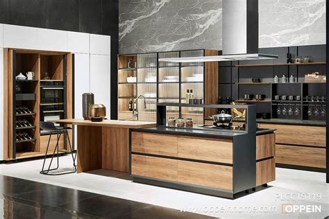 Open Wood Grain Kitchen Cabinet With Island PLCC19119