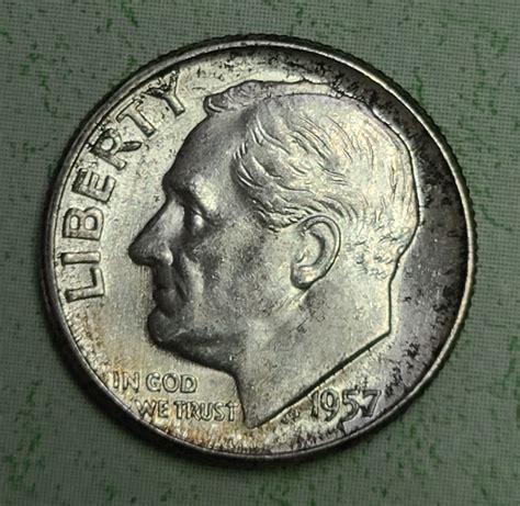 1957 Roosevelt Dime MS 63 Choice BU Green Red Russet Reverse Tone