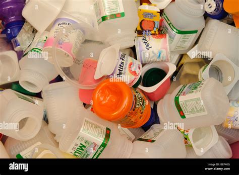 Pile Of Waste Plastic Bottles And Yogurt Pots Food Packaging Awaiting