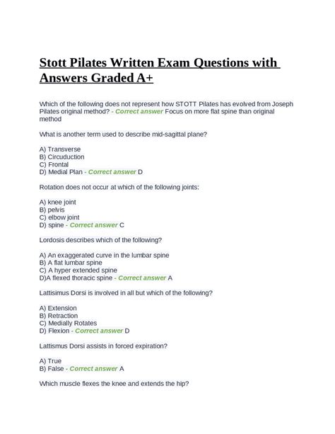 Stott Pilates Written Exam Questions With Answers Graded A Exams