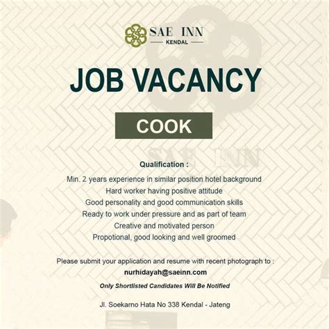 Lowongan Kerja Cook Receptionist Di Hotel Sae Inn Kendal LokerSemar Id