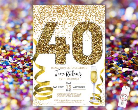 Gold 40th Birthday Confetti Champagne Invitation Template White