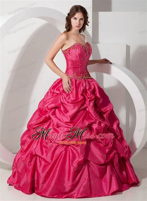 Hot Pink Ball Gown Strapless Floor Length Taffeta Pick Ups Quinceanera