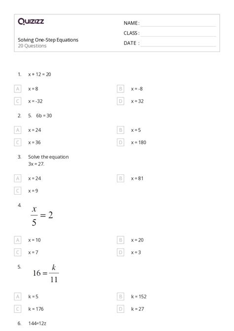 50 One Step Equations Worksheets For 6th Grade On Quizizz Free