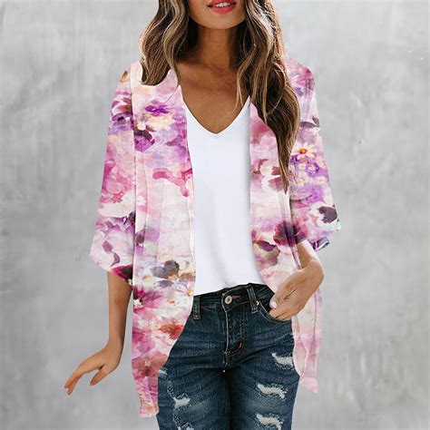 Dolkfu Kimonos For Women Floral Print Puff Sleeve Cardigan Loose