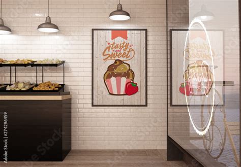 Bakery Coffee Shop Interior with Poster and Window Mockup Stock ...