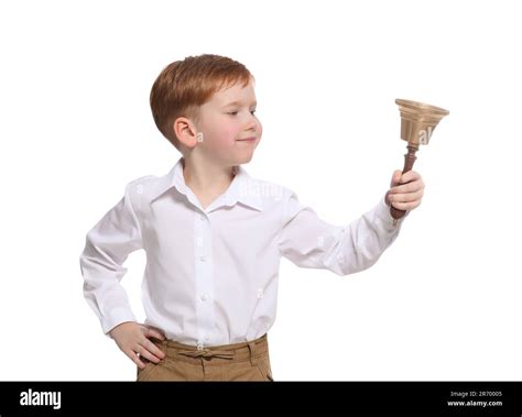 Pupil With School Bell On White Background Stock Photo Alamy