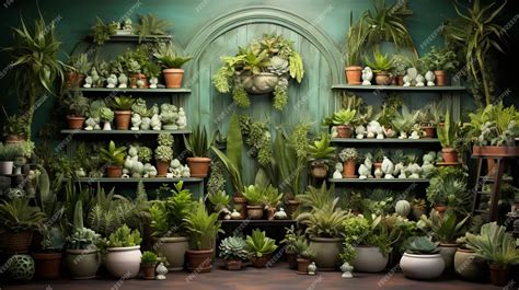 Premium Photo A Lush Green Wall Of Plants And Succulents In Pots And