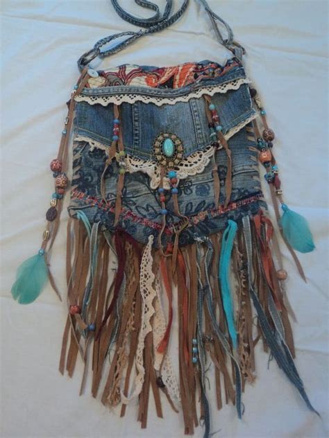 Handmade Denim Cross Body Bag Boho Hippie Purse Beaded Leather Fringe