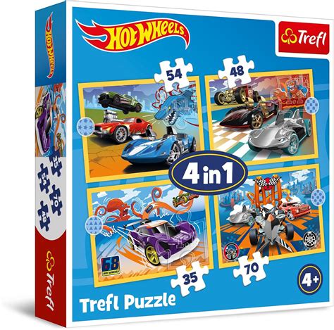 Trefl Voitures Hot Wheels Puzzles 4 en 1 4 Puzzles de 35 à 70 pièces Puzzles colorés avec