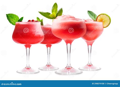 Set Of Strawberry Margarita Cocktails In Salt Rimmed Glass Isolated On