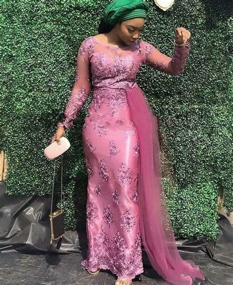 Aso Ebi Styles Mermaid Evening Formal Dresses With Side Ribbon 2020 Rose Pink Lace Stain Jewel