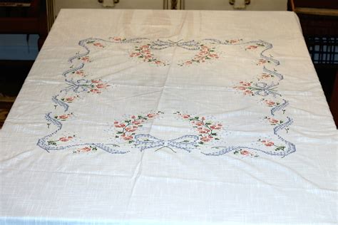 White Embroidered Cross Stitch Tablecloth With Stitched Etsy White