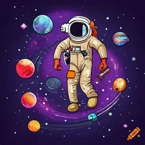 Dibujos Animados De Un Astronauta En Un Taller De Arte Rodeado De