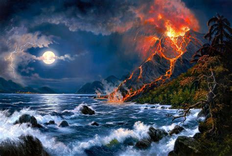 Hd Wallpaper Majestic Volcano Erupting Over Serene Waters