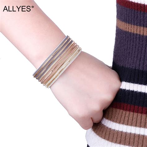 Allyes Fashion Multicolor Metal Chain Wide Pu Leather Bracelet For