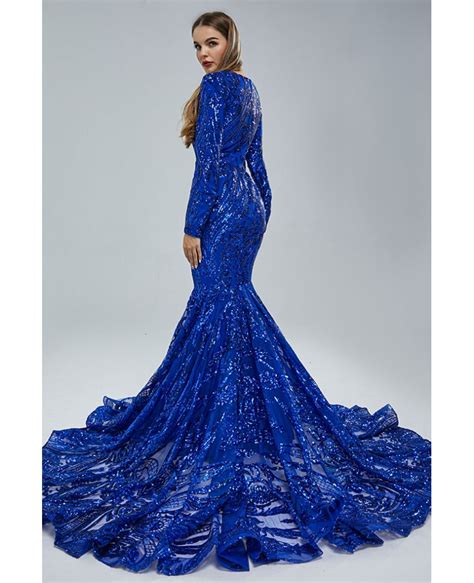 Sparkly Sequin Royal Blue Mermaid Formal Dress With Long Sleeves