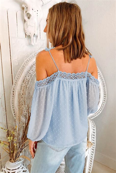 Swiss Dot Lace Crochet Spaghetti Strap Cold Shoulder Blouse In 2022