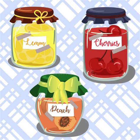 A Set Of Fruit Jams In Glass Jars In Cartoon Style Lemon Cherry