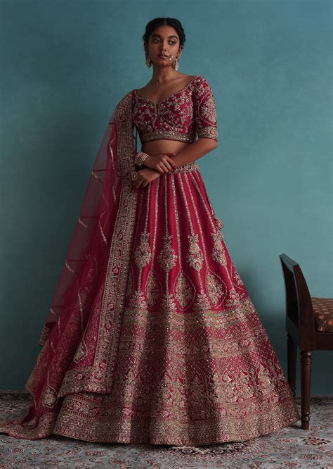 Fuchsia Red Raw Silk Bridal Lehenga Choli With A Tulle Dupatta And An