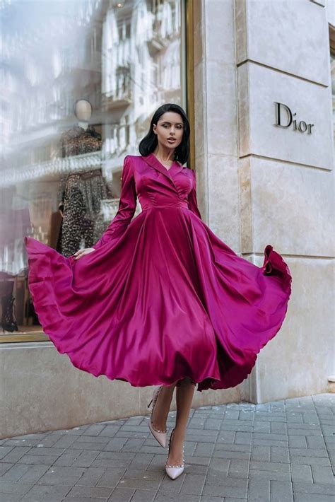 Fuchsia Wrap Dress With Full Circle Skirt Silk Long Sleeves Dress