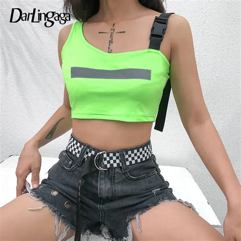 Darlingaga Streetwear Reflective Neon Top Women Cropped Buckle Tank Top Vest Festival Summer