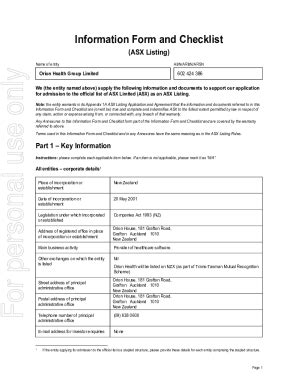 Fillable Online Orion ASX Listing Information Form And Checklist Fax