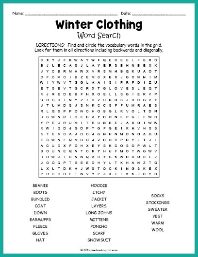 Winter Clothing Word Search