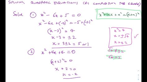 Solving Quadratic Equations By Completing The Square Youtube