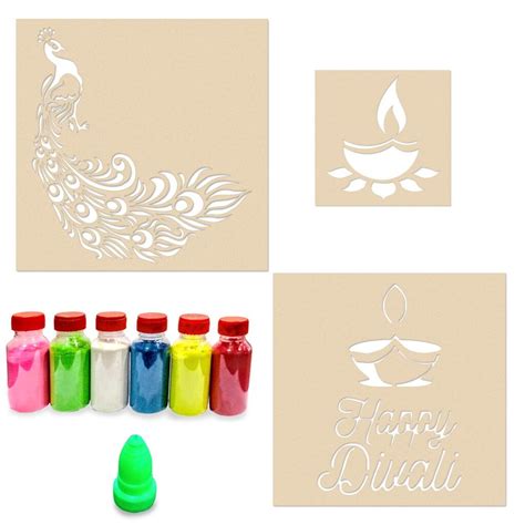 Peacock Happy Diwali Diya Rangoli Stencils For Floor Set Of 3 Stencil