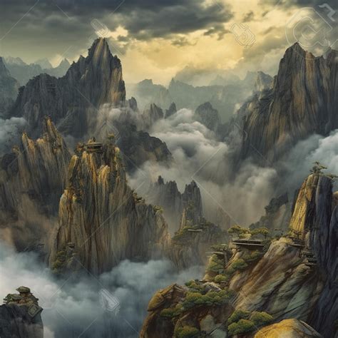 Premium AI Image | A painting of a mountain landscape with a mountain ...