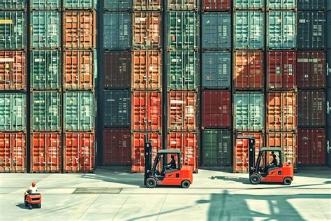 Premium Photo Workers Maneuver Forklifts Around Towering Stacks Of